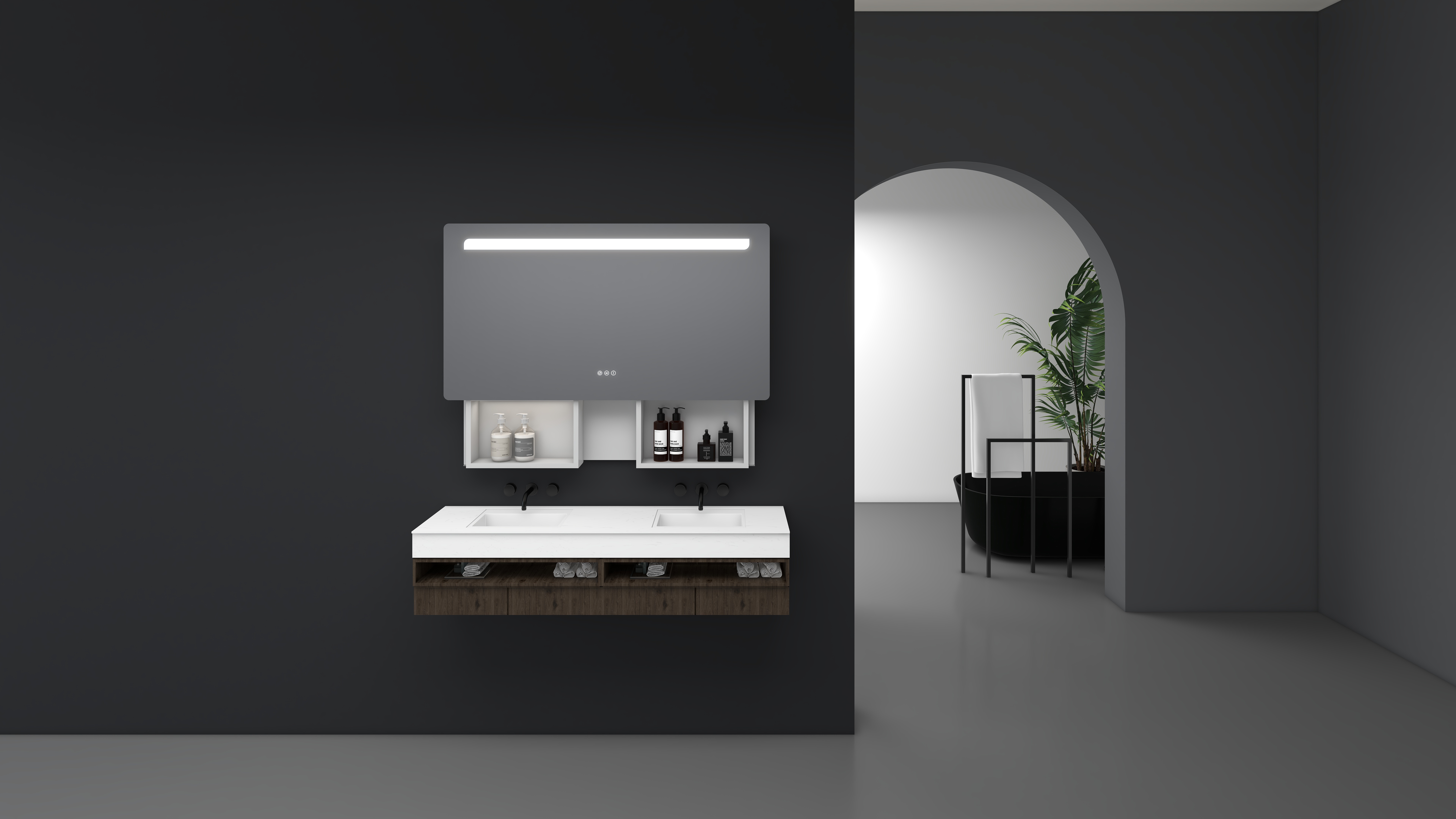 Smart bathroom with voice-controlled mirror cabinet